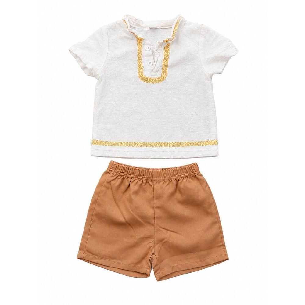 Boutique 12M Embroidered Linen Blend Outfit Set | White Top & Tan Shorts